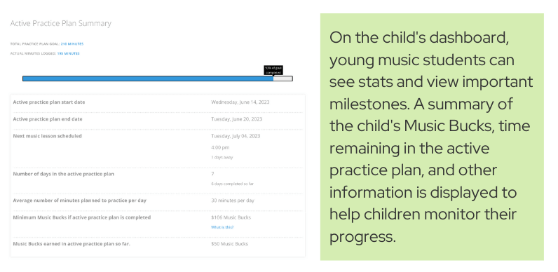 Music lesson practice summary for child accounts