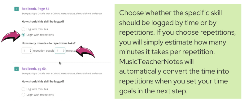 Music practice plan tracking | minutes vs repetitons