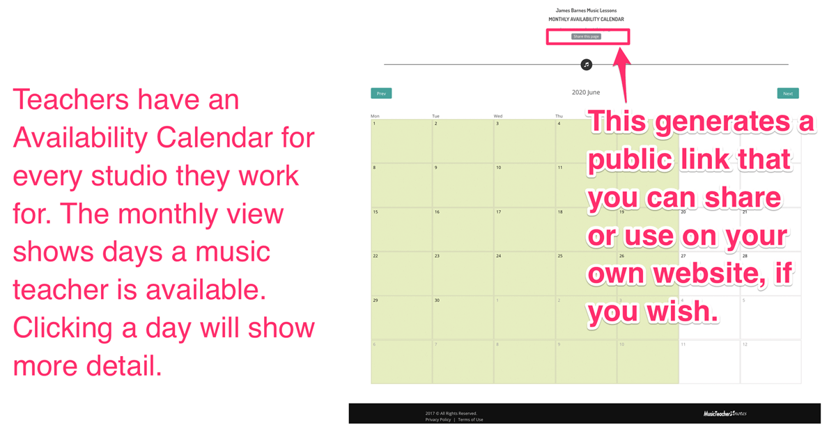 Music Lesson Availability Calendar for Music Teachers