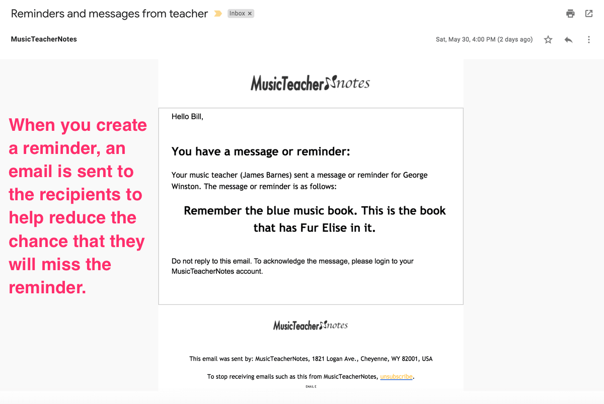 Email reminder to help music students remember lost items