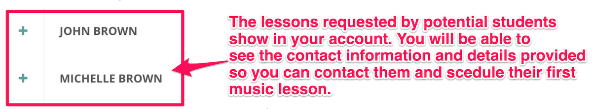 Music lesson requests shown in a teacher account