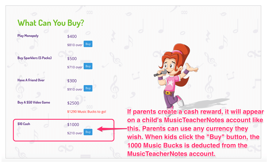 Music Bucks on children's accounts