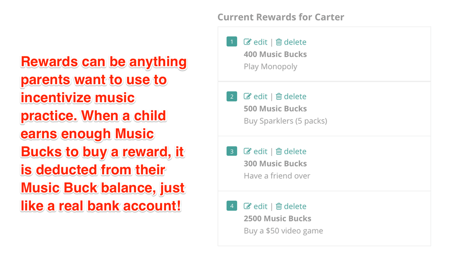 Rewards to motivate kids to practice music instruments
